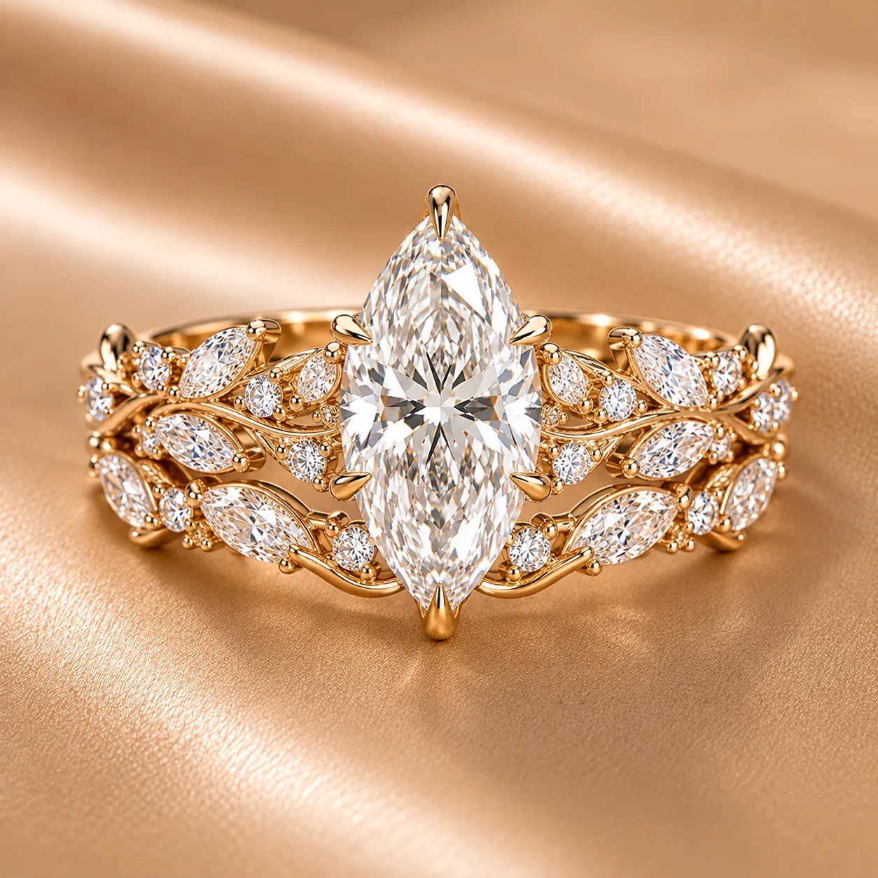 Marquise diamond engagement ring with nature-inspired gold setting.
