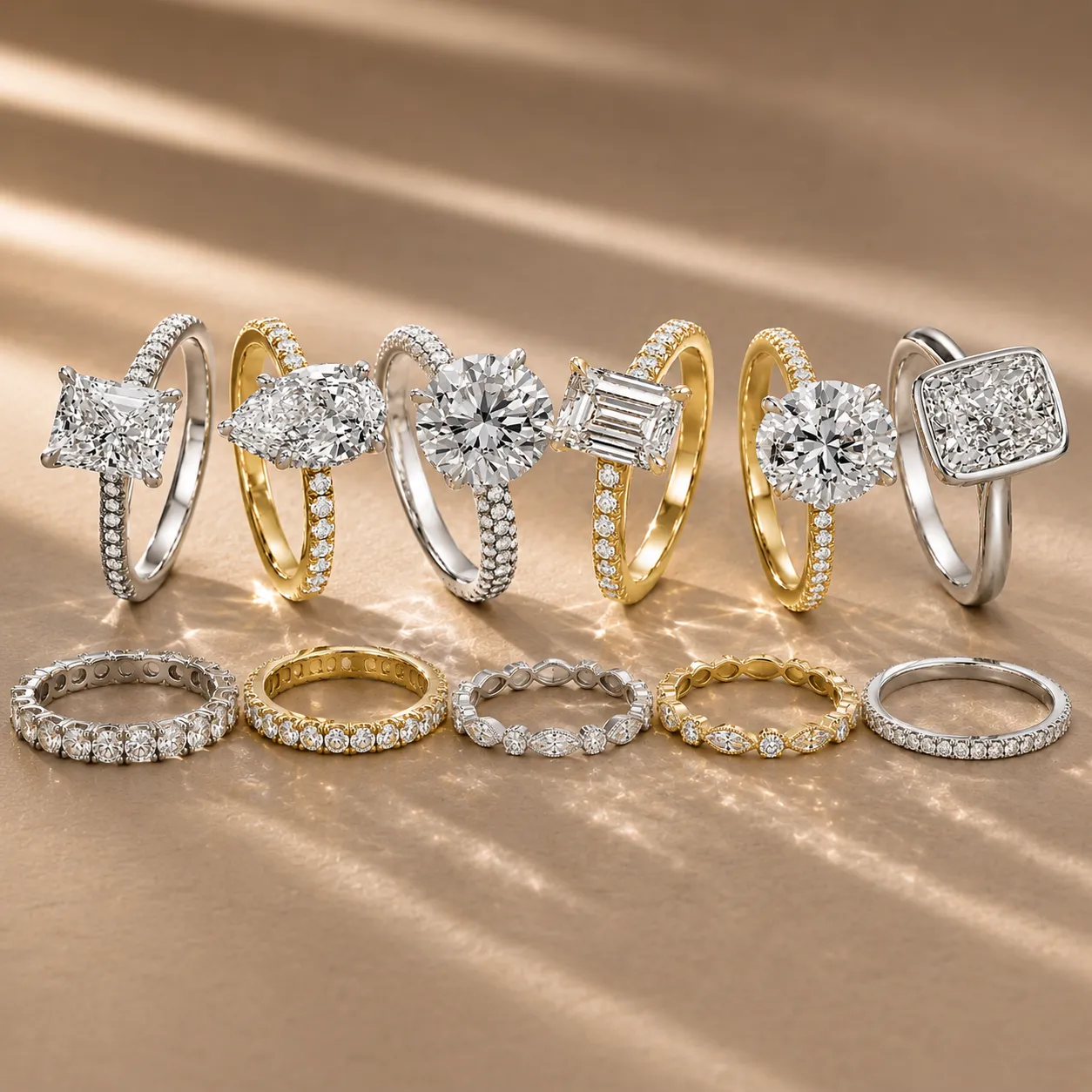 Luxury diamond engagement rings and women’s wedding bands in yellow and white gold.