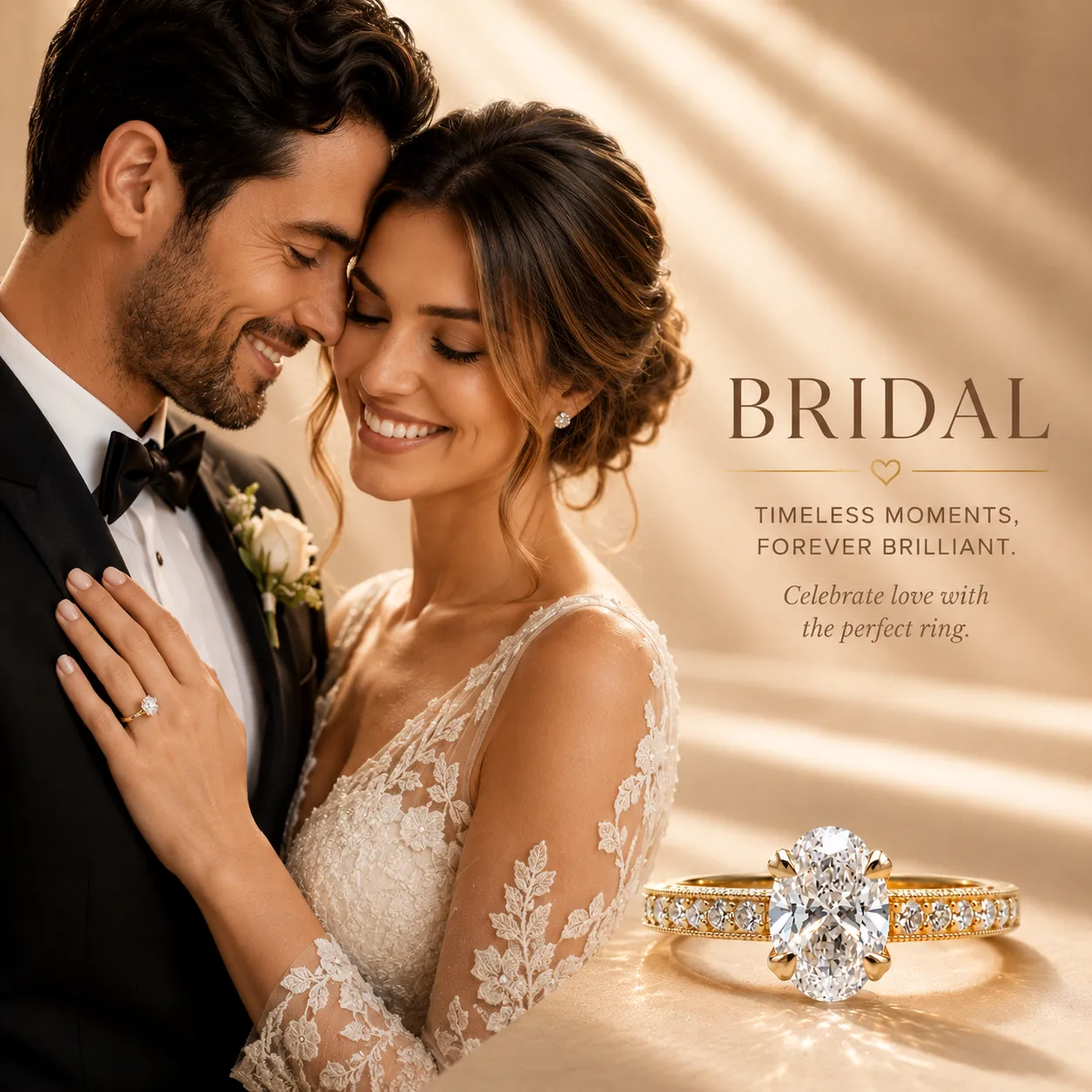 Bride and groom showcasing an oval diamond engagement ring.