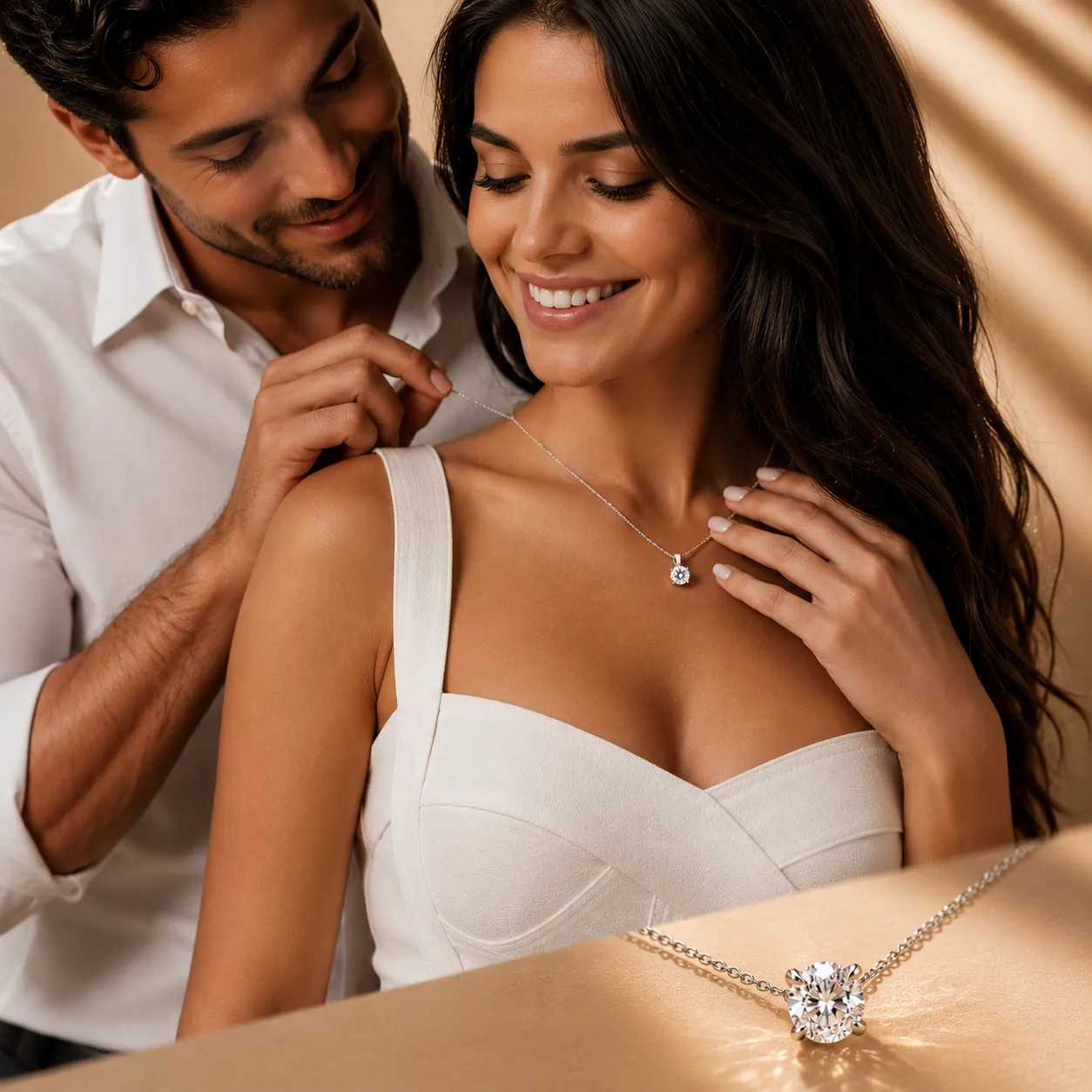 Couple showcasing a solitaire diamond pendant necklace.