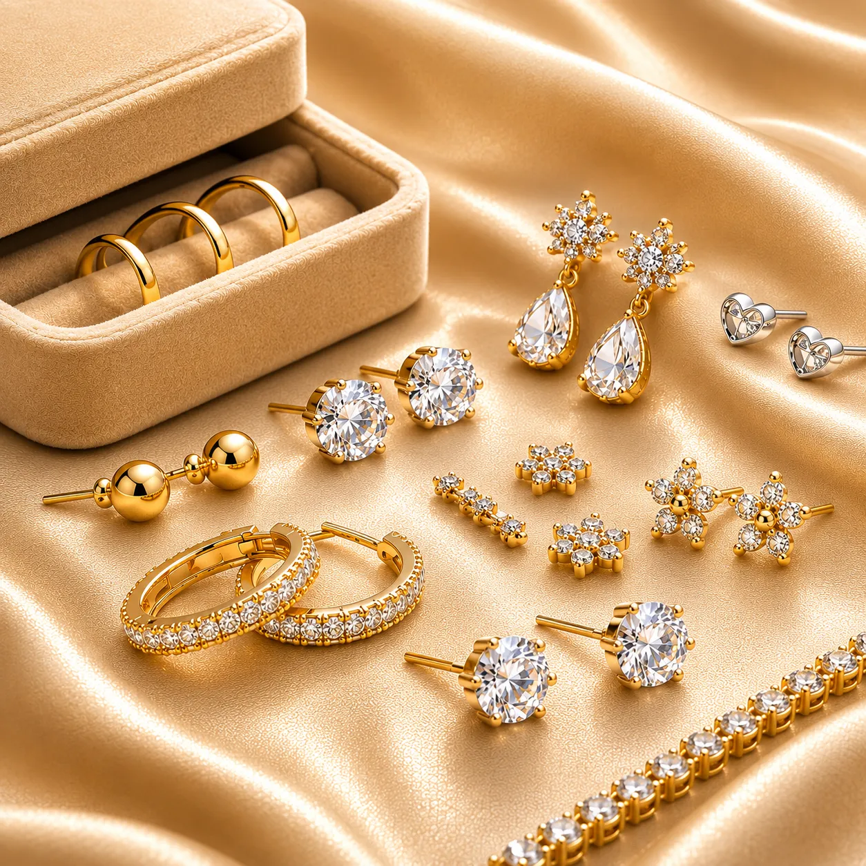 Gold and diamond earrings on elegant champagne satin.