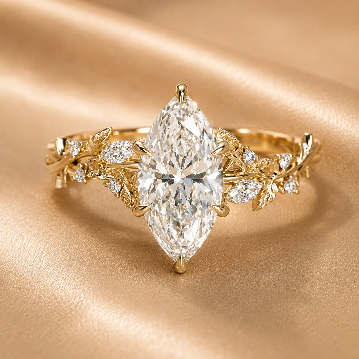 Marquise diamond engagement ring with nature-inspired gold setting.