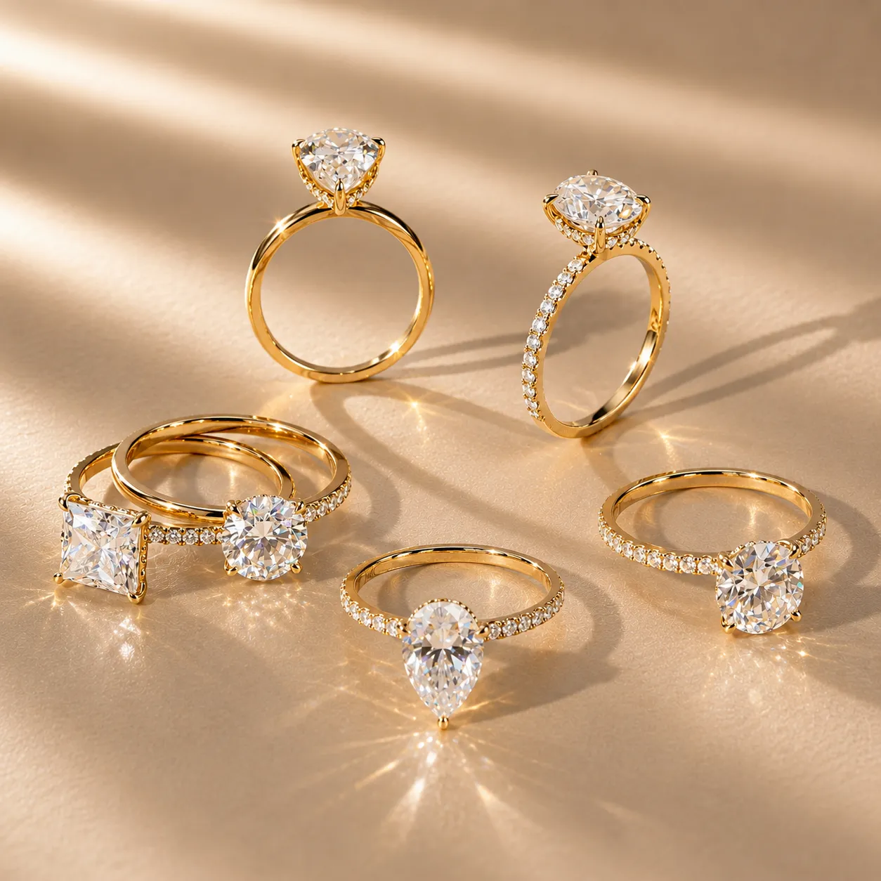 Gold diamond engagement rings in elegant styles on a warm neutral background.