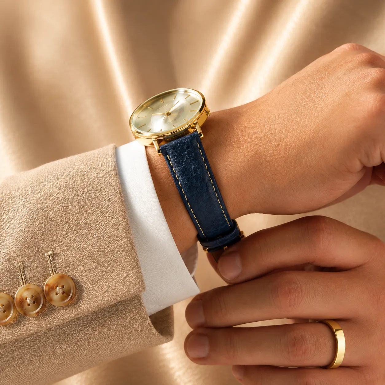 Men’s gold watch with navy leather strap on a champagne background.