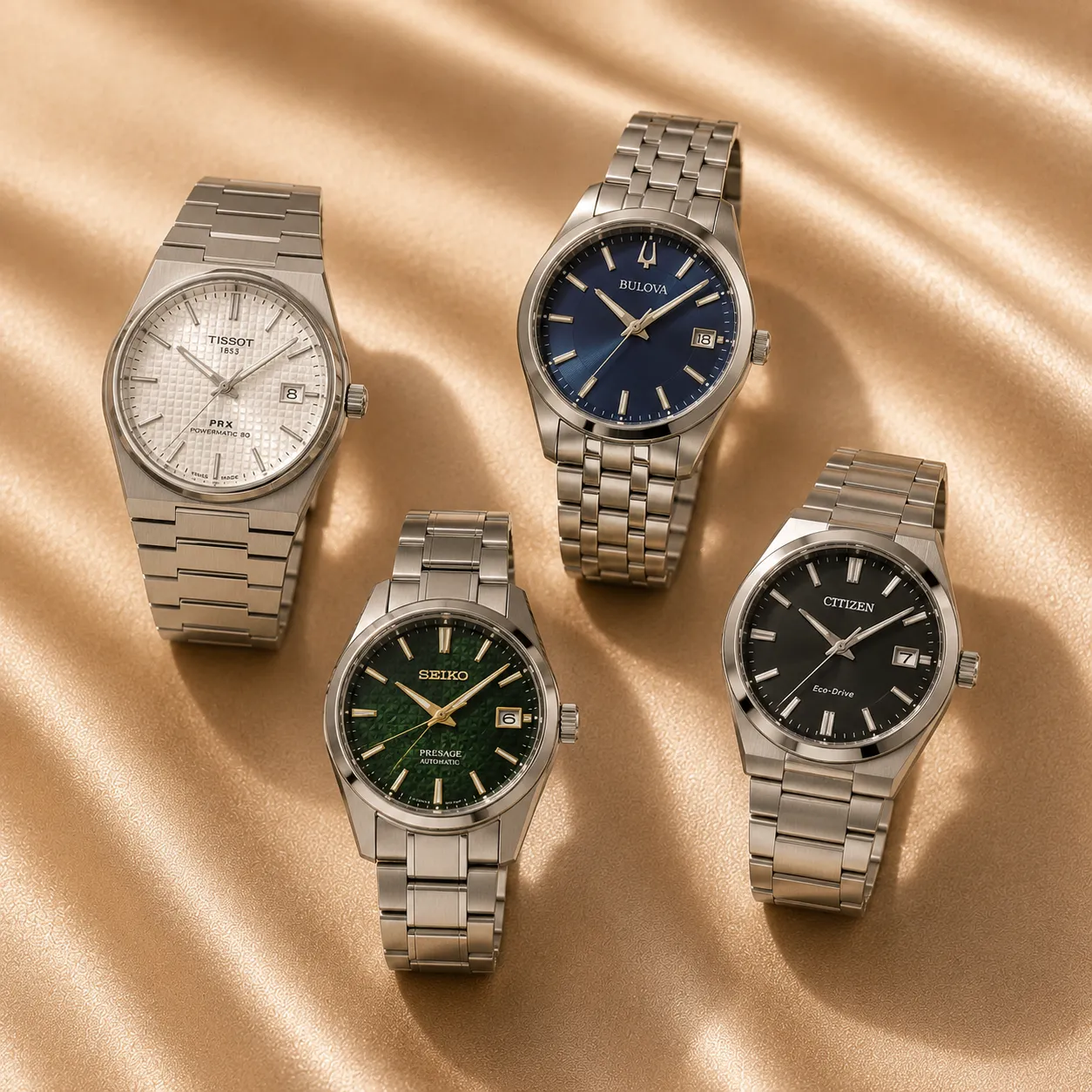 Tissot, Bulova, Seiko and Citizen luxury watches on a champagne background.