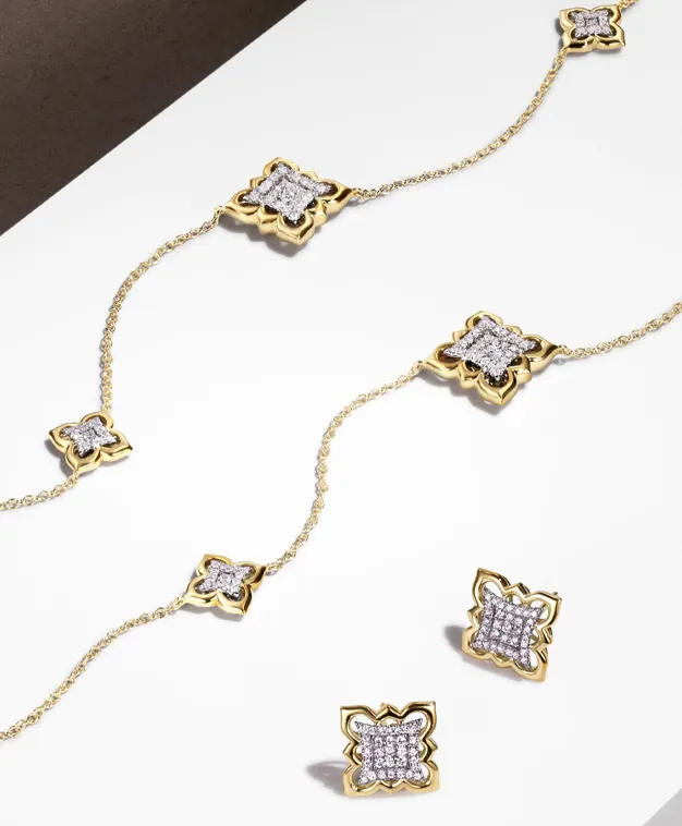Elegant gold jewelry set featuring a necklace and earrings with diamond-like embellishments.