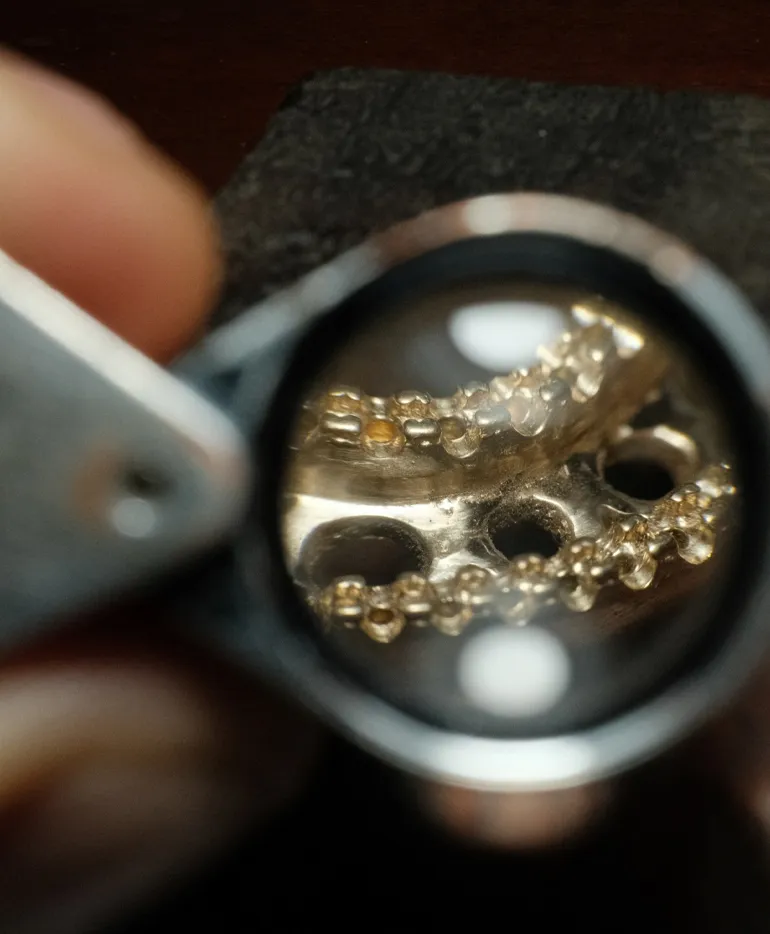 Close-up view of jewelry under magnification, showcasing intricate details of gold and gemstones.