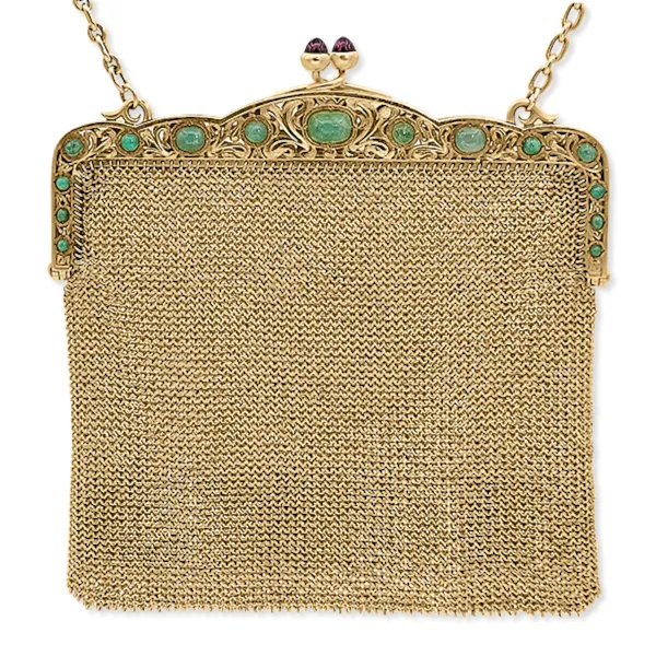 Precious, Art Nouveau 14K Chain Link Coin Purse Yellow 18K Vintage purse with Rubys and round Emeralds. $34,950.00 Goldmart Jewelers Redding, CA