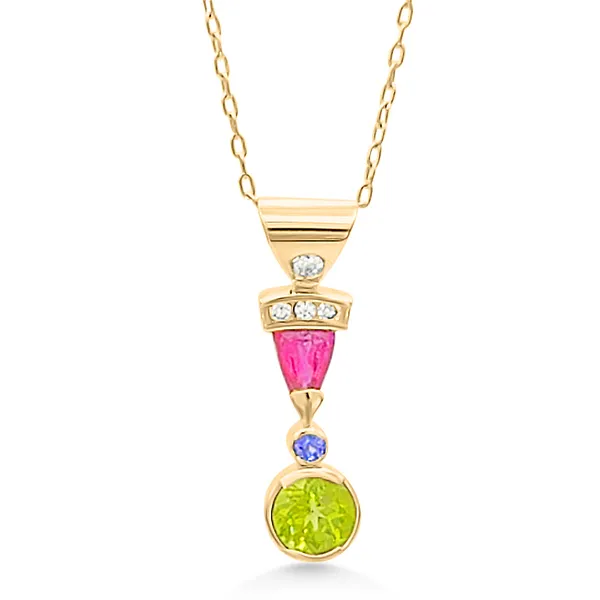 Medal of Beauty, Retro Era multi gem Pendant Yellow 18 Karat Pendant With One 1.40Ct PinkTourmaline, One 0.20Ct Tanzanite, 3.00Ct Sphene And 0.3Twt RB Diamonds I/J VS, 11.8g. $2,999.00 Goldmart Jewelers Redding, CA