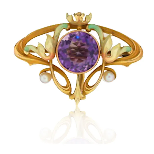 Fantastic, Art Nouveau 14K Amethyst And Pearl Pin Yellow 14K  Enameled Vintage Art Nouveau pin with round Amethyst And Seed Pearls 8.8g. $1,999.00 Goldmart Jewelers Redding, CA