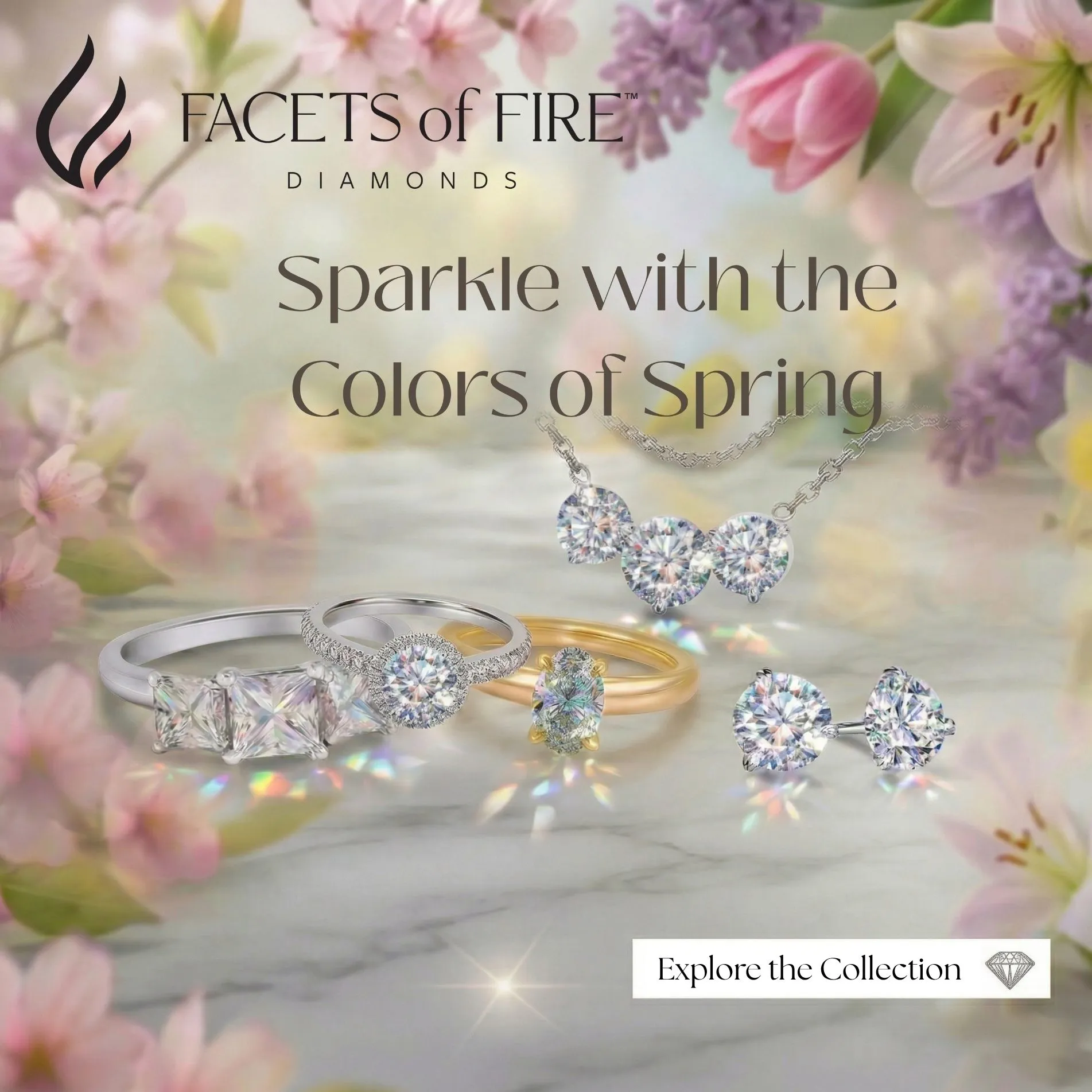 Woman admiring colorful gem jewelry with a cosmic background. Click to browse Goldmart Jewelers' gem collection!