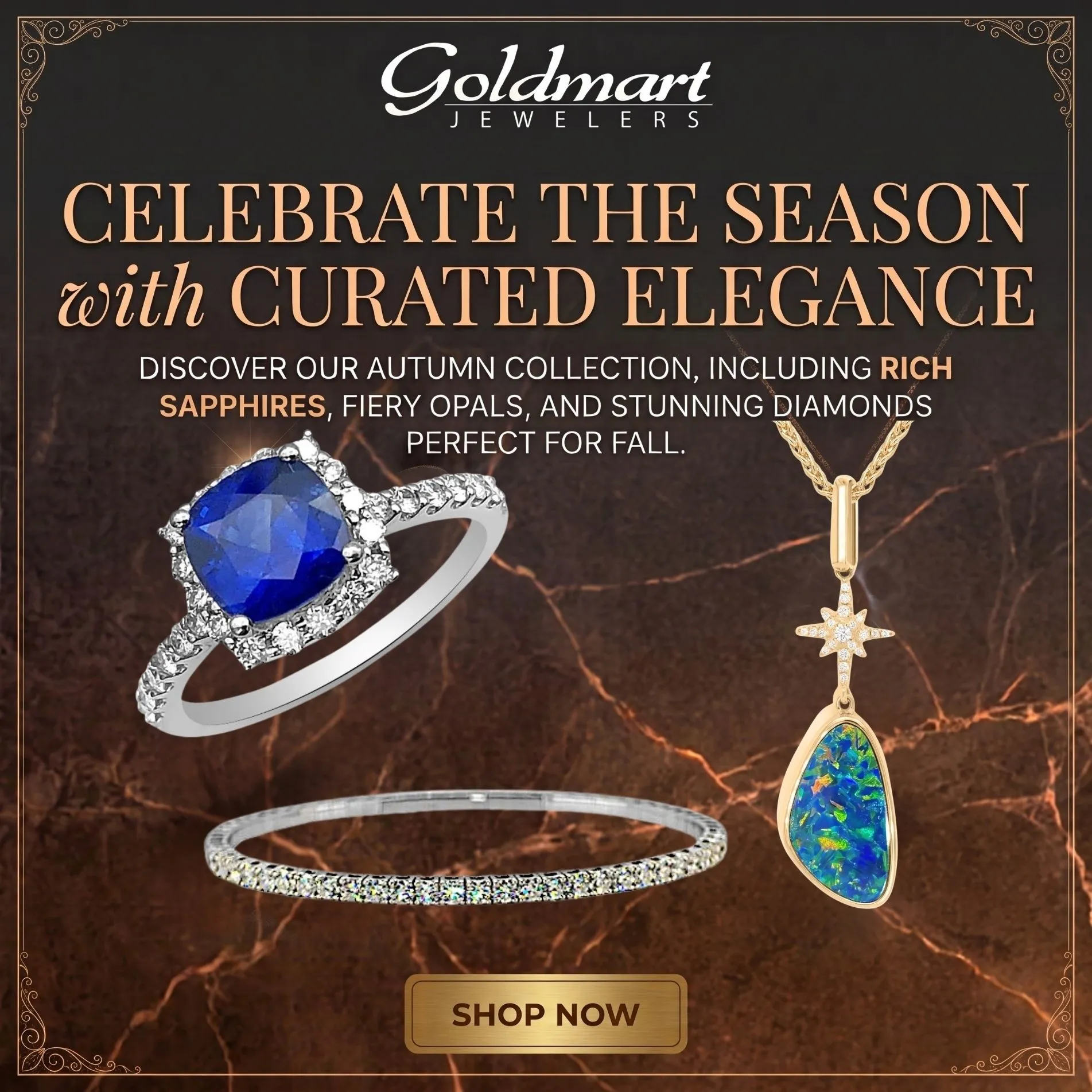 Woman admiring colorful gem jewelry with a cosmic background. Click to browse Goldmart Jewelers' gem collection!