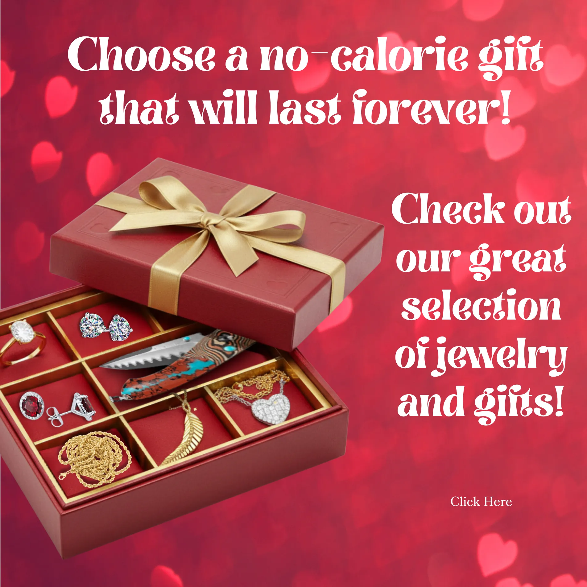 Red gift box with jewelry pieces, inviting to choose a lasting gift. Click here to explore Goldmart Jewelers' collection.