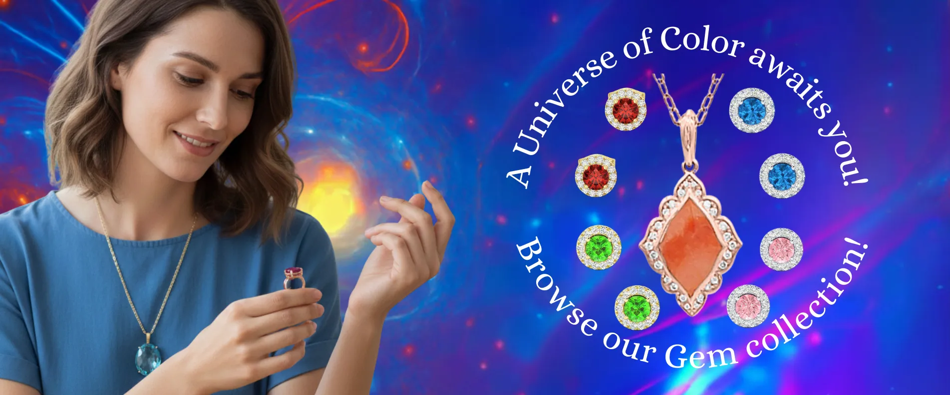 Woman admiring colorful gem jewelry with a cosmic background. Click to browse Goldmart Jewelers' gem collection!
