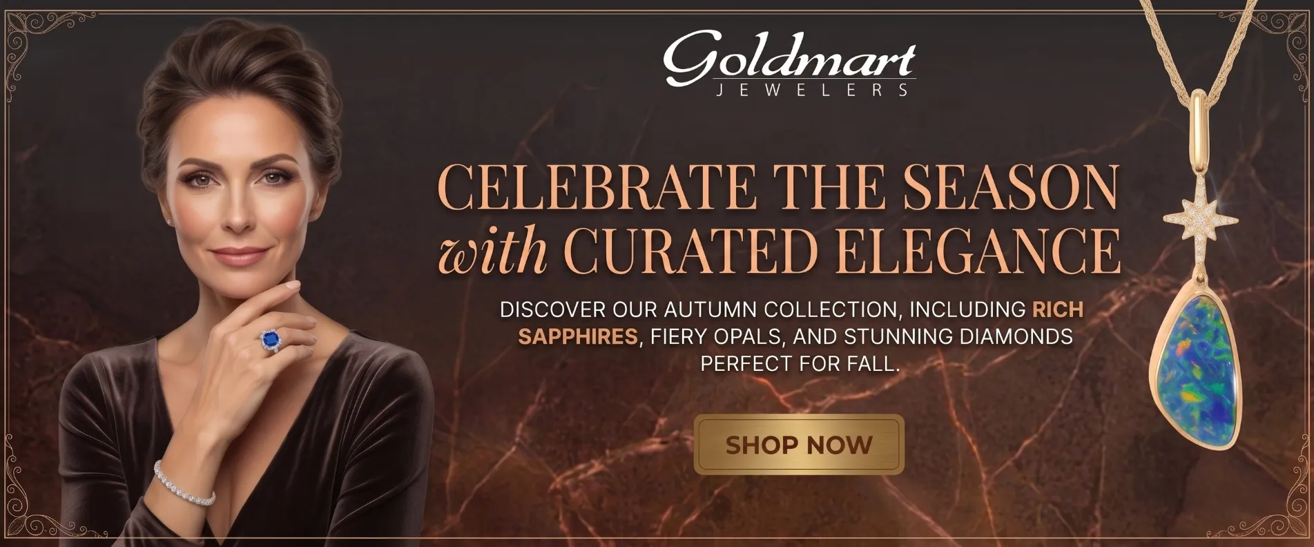 Woman admiring colorful gem jewelry with a cosmic background. Click to browse Goldmart Jewelers' gem collection!