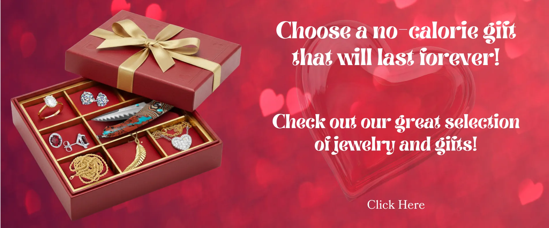 Red gift box with jewelry pieces, inviting to choose a lasting gift. Click here to explore Goldmart Jewelers' collection.