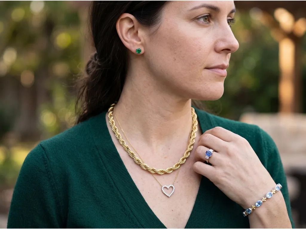 Woman wearing jewelry that would be good Christmas gifts.