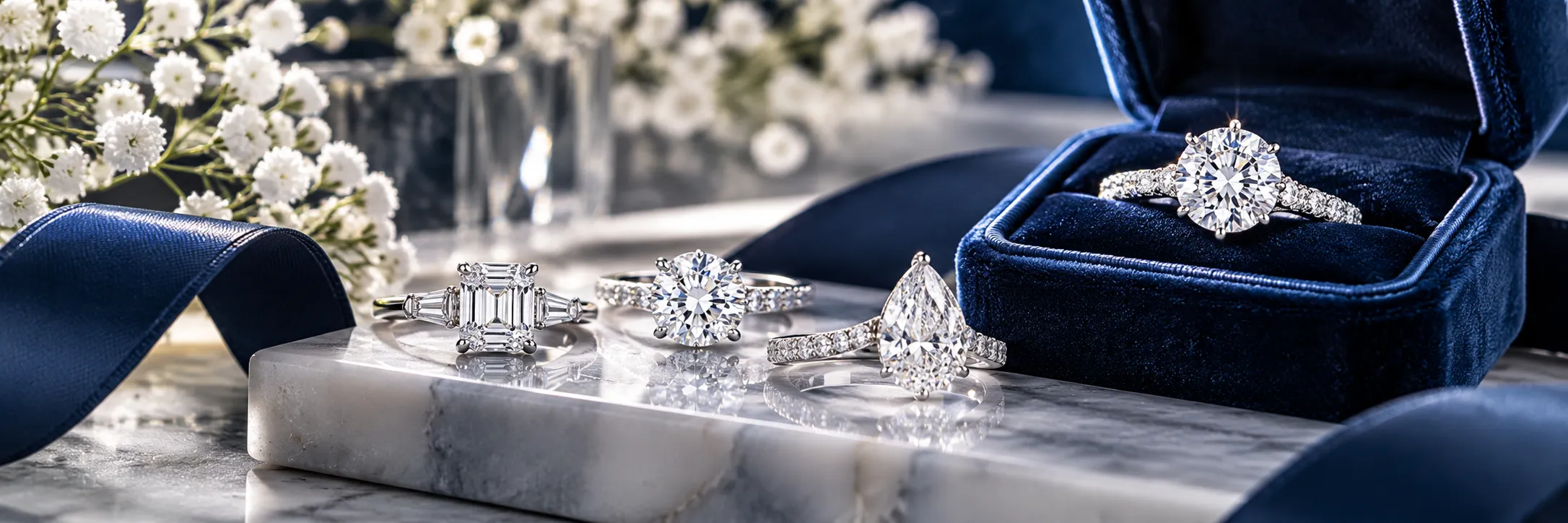 Diamond engagement rings in solitaire, three-stone, and pavé styles displayed on marble with navy blue velvet.