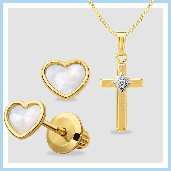14K gold children's jewelry set with heart mother-of-pearl earrings and diamond-accent cross necklace