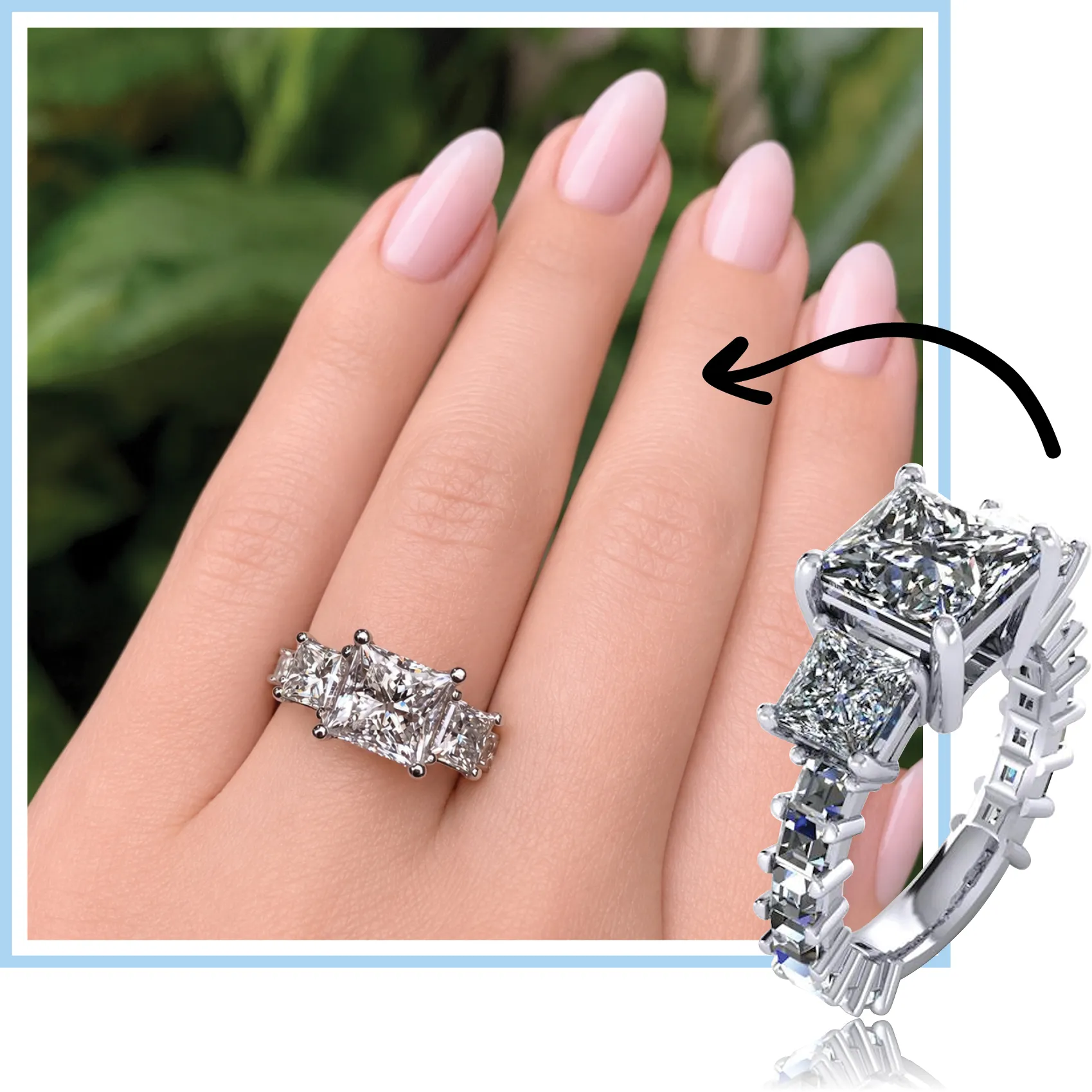 Custom three-stone princess cut diamond engagement ring in white gold shown on hand