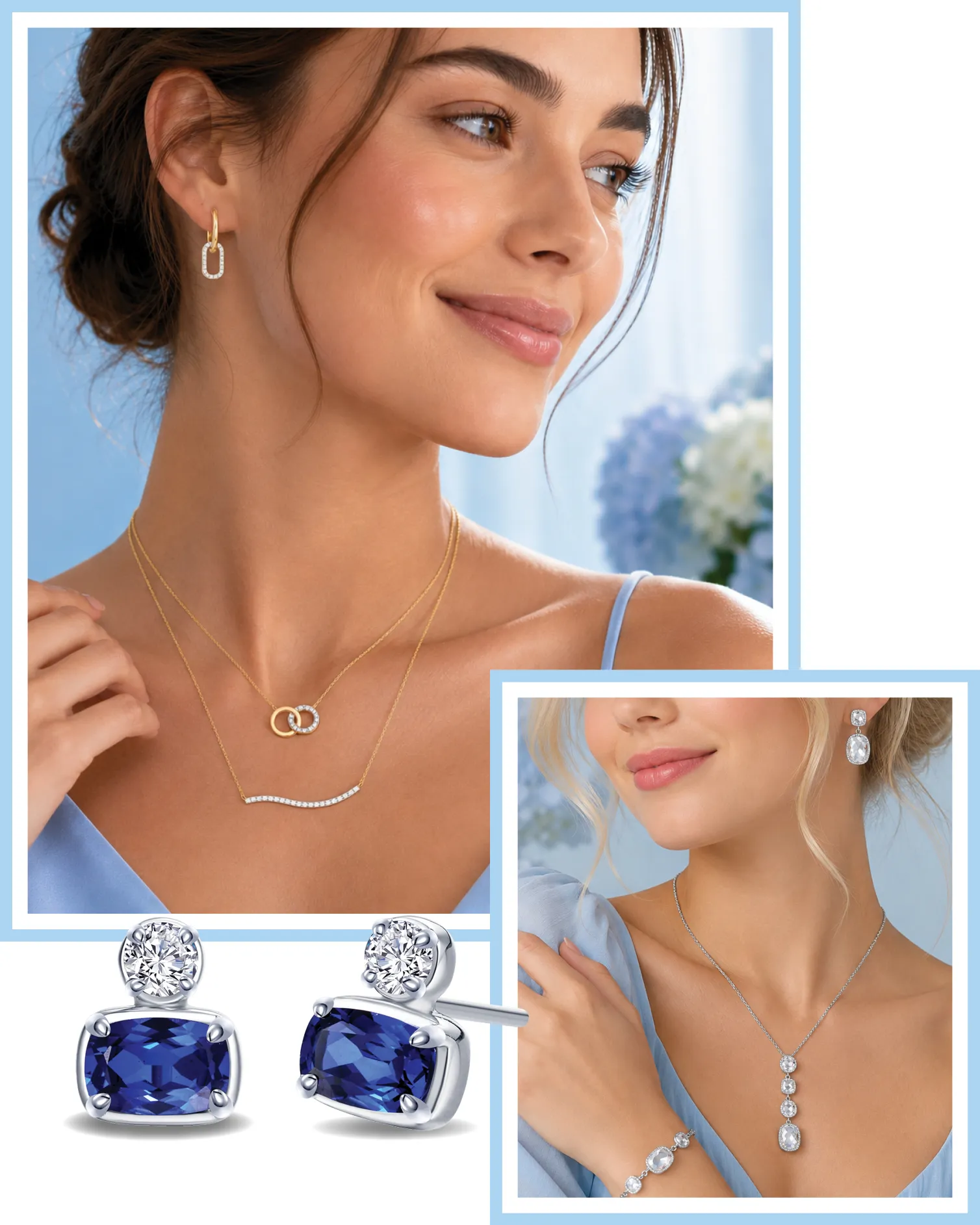 Fine jewelry collection featuring diamond necklaces, sapphire earrings, and diamond drop pendant
