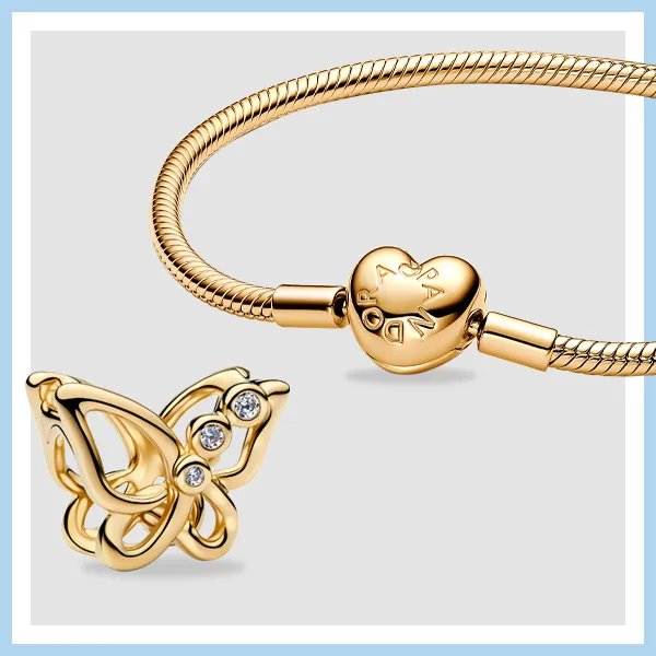 Pandora Moments Gold Snake Chain Bracelet with Openwork Butterfly Charm and Clear Cubic Zirconia