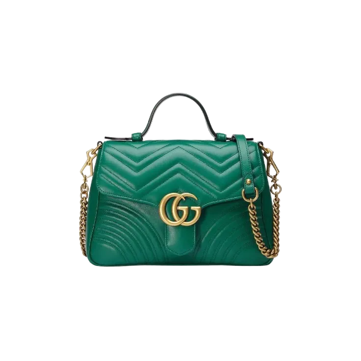 Green Gucci handbag with chevron pattern and gold GG logo, click to explore luxury handbags at Tipton's Fine Jewelry.