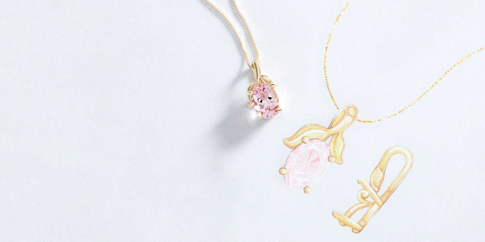 Two elegant pink gemstone necklaces with gold settings on a light background.
