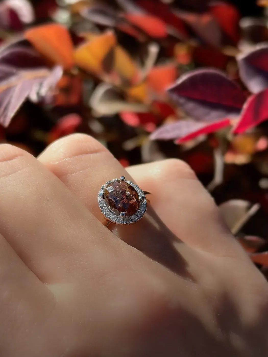 A hand holding a gemstone ring with diamond accents, surrounded by colorful autumn leaves.