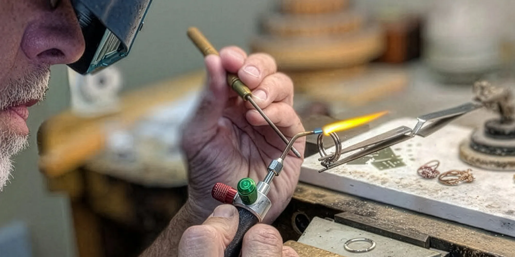 Jeweler using a torch to craft a ring at T.J.'s Fine Jewelry in Carbondale, IL.