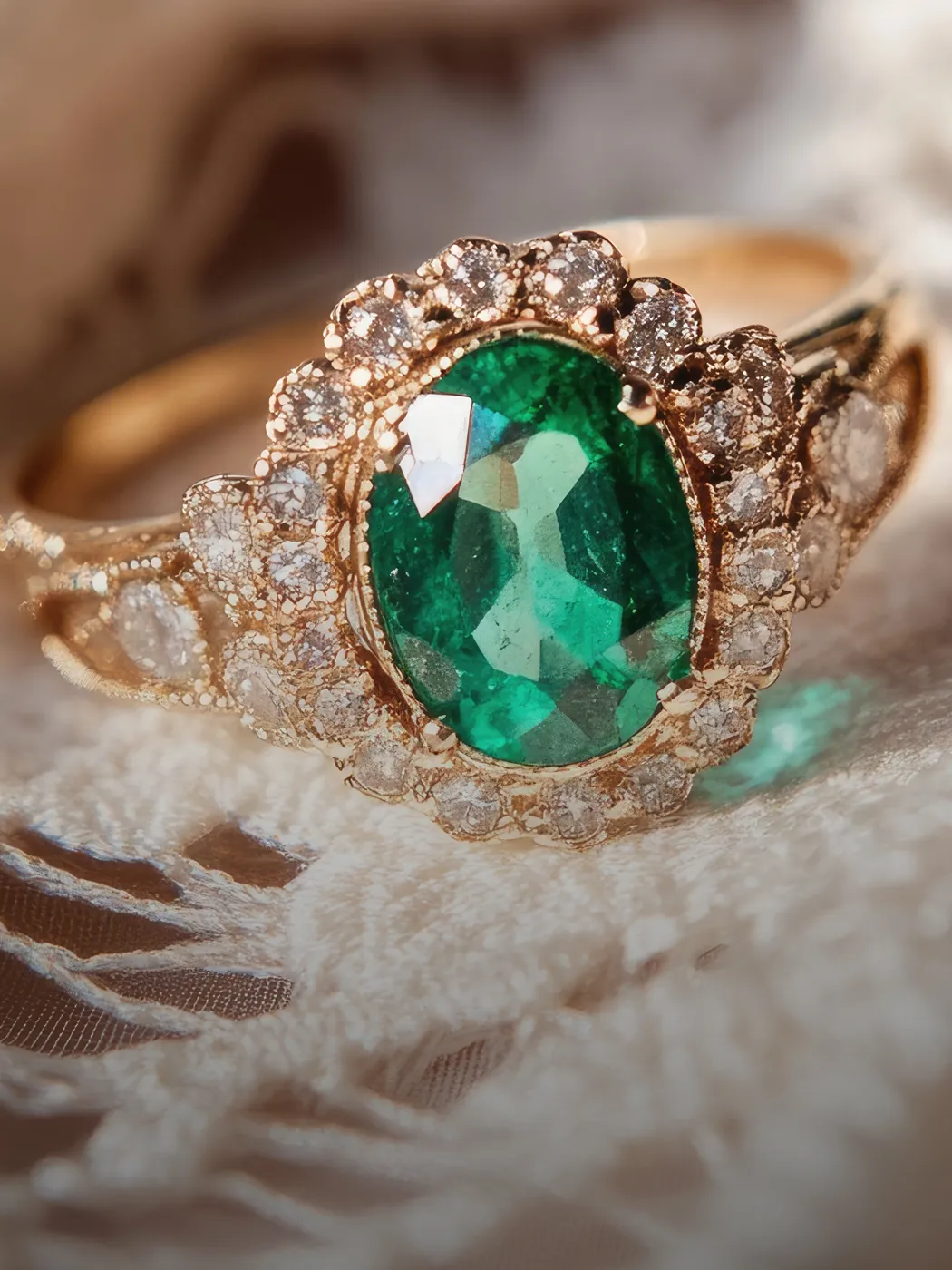 Elegant gold ring featuring an oval emerald surrounded by sparkling diamonds.