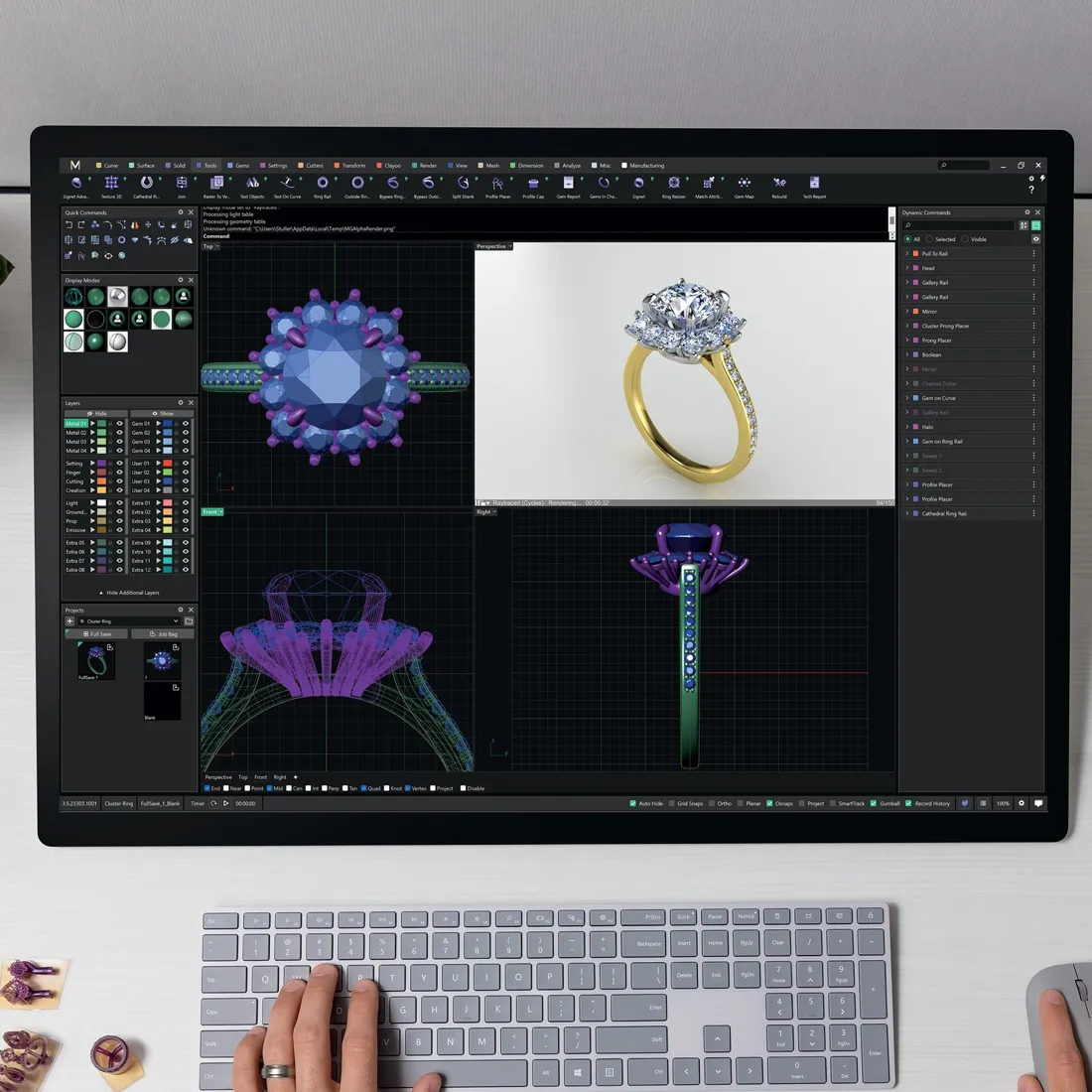 A computer screen displaying 3D jewelry design software with a ring model, keyboard, and mouse.