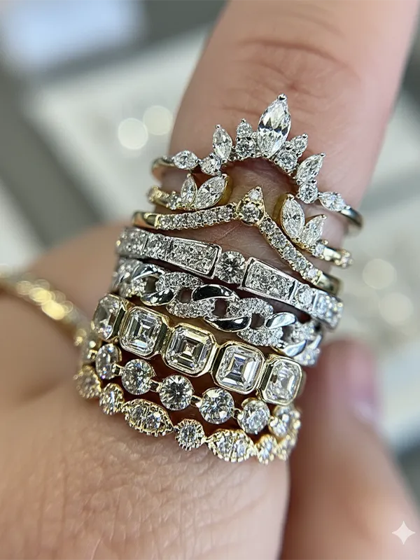 Gold ring with five sparkling diamonds displayed on a soft surface.