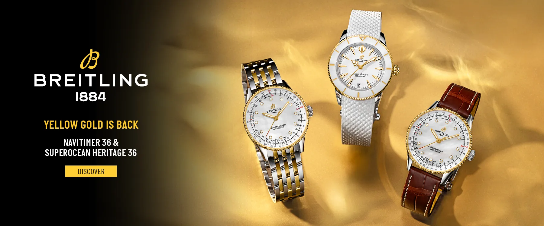 Three Breitling Watches, one on a two-tone strap, one white and yellow gold, one on a brown leather strap. 