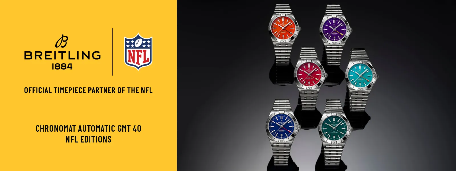Breitling Chronomat GMT 40 NFL Editions watches displayed, promoting official NFL partnership. Click to explore more.