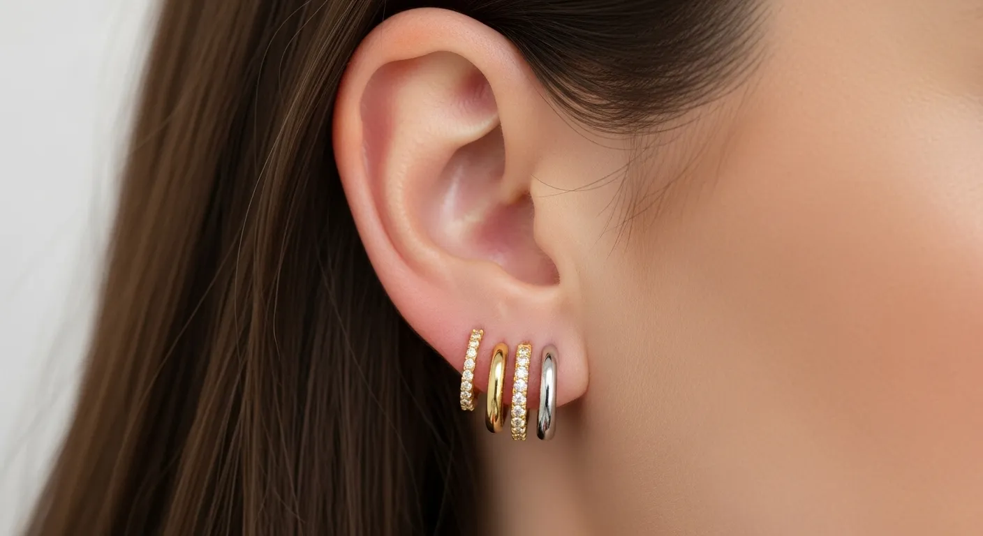 Gold and silver hoop earrings with sparkling accents, displayed on a model's ear. Shop earrings at Tom Cook Jeweler, Inc.