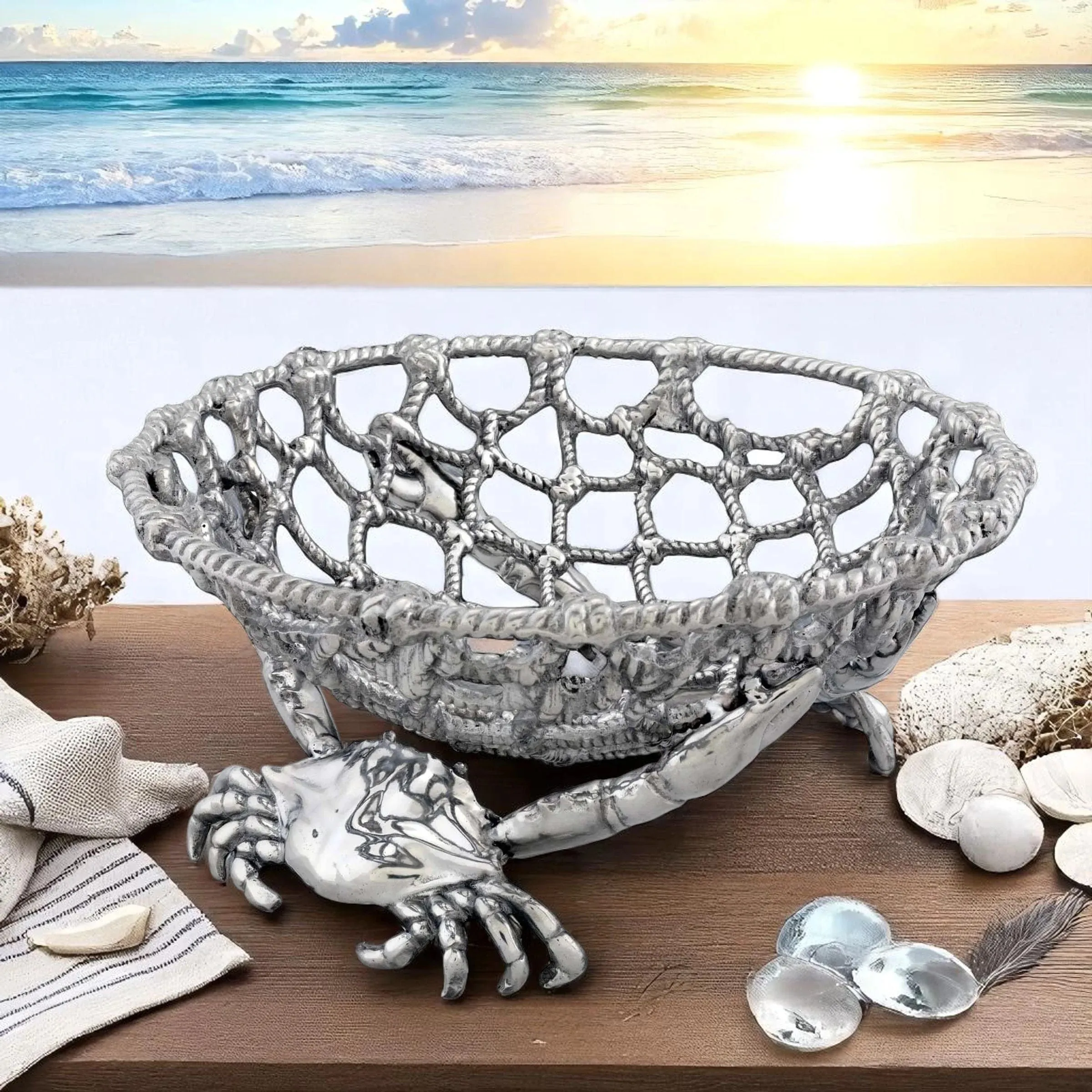 Silver crab bowl with net design, perfect for coastal decor. Click to Shop Now at Tom Cook Jeweler, Inc. in Daytona Beach.