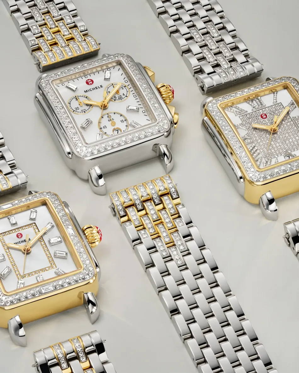 Elegant Michele watches with diamond accents and mixed metal bands. Click to Shop Now at Tom Cook Jeweler, Daytona Beach.