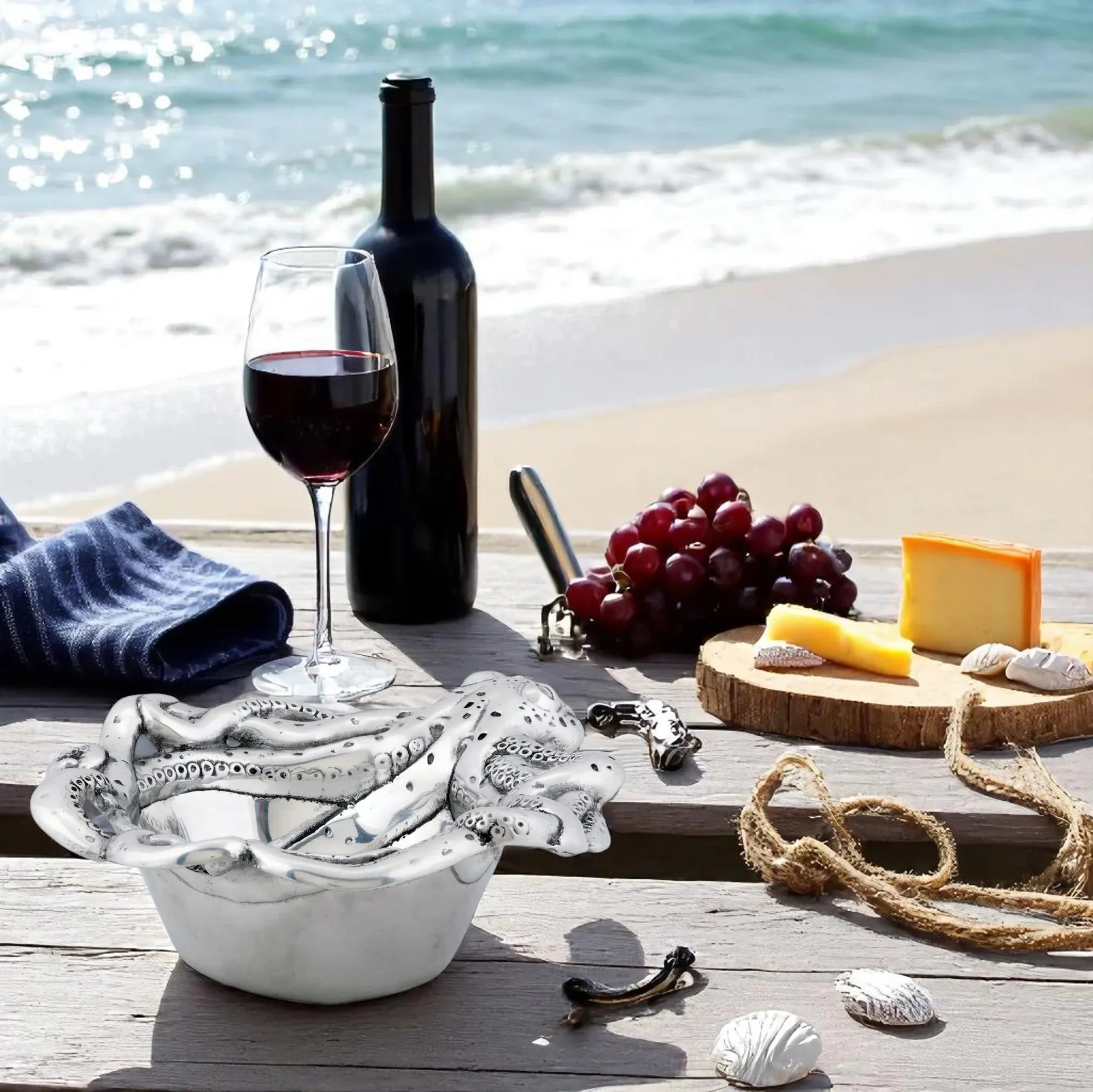 Wine, cheese, grapes, and seashells arranged on a beachside table, perfect for a relaxing outdoor gathering. Click to explore gi