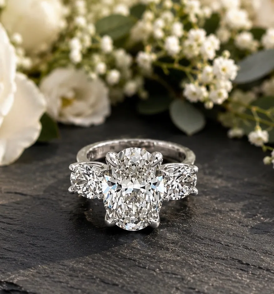 Rose gold ring with oval diamond and intricate swirl design on a textured surface. Learn more about custom jewelry design.