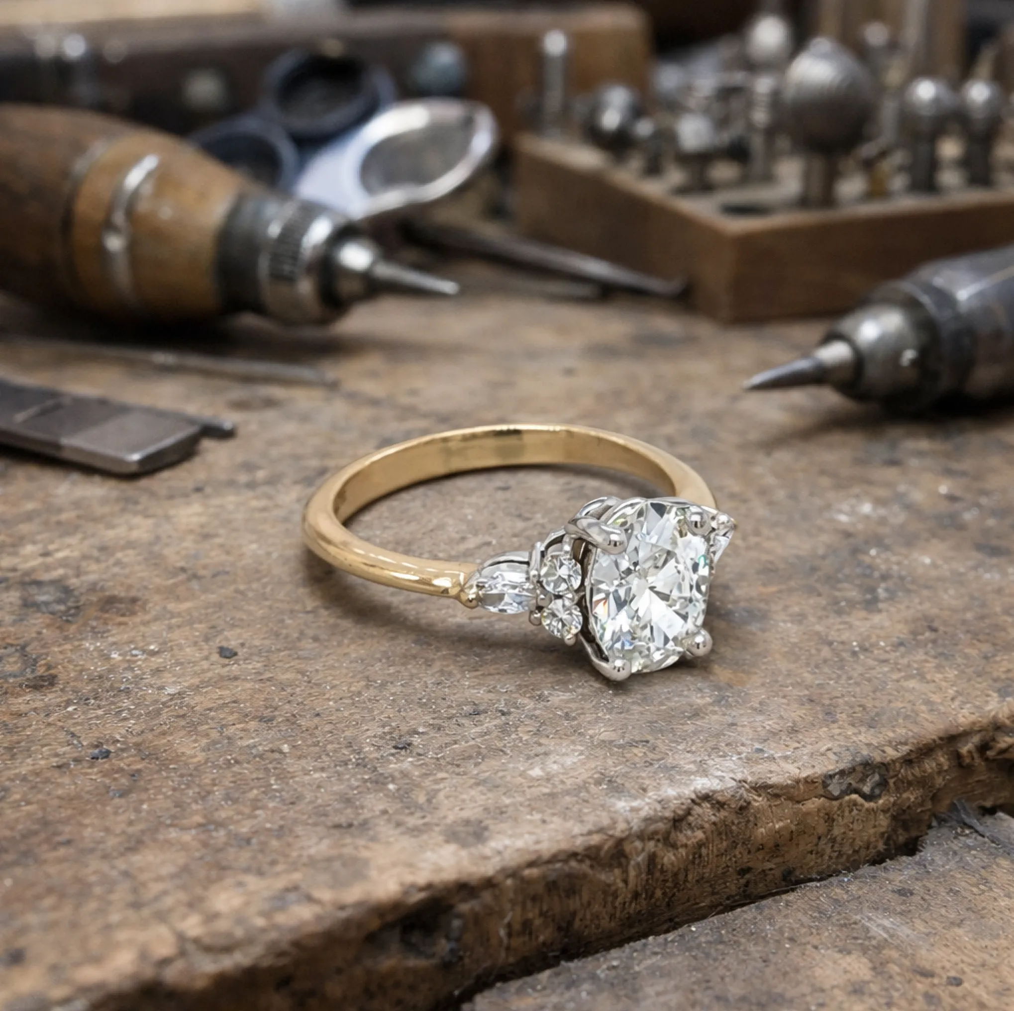 Diamond ring on a jeweler's workbench with tools in the background. Learn more about repairs.