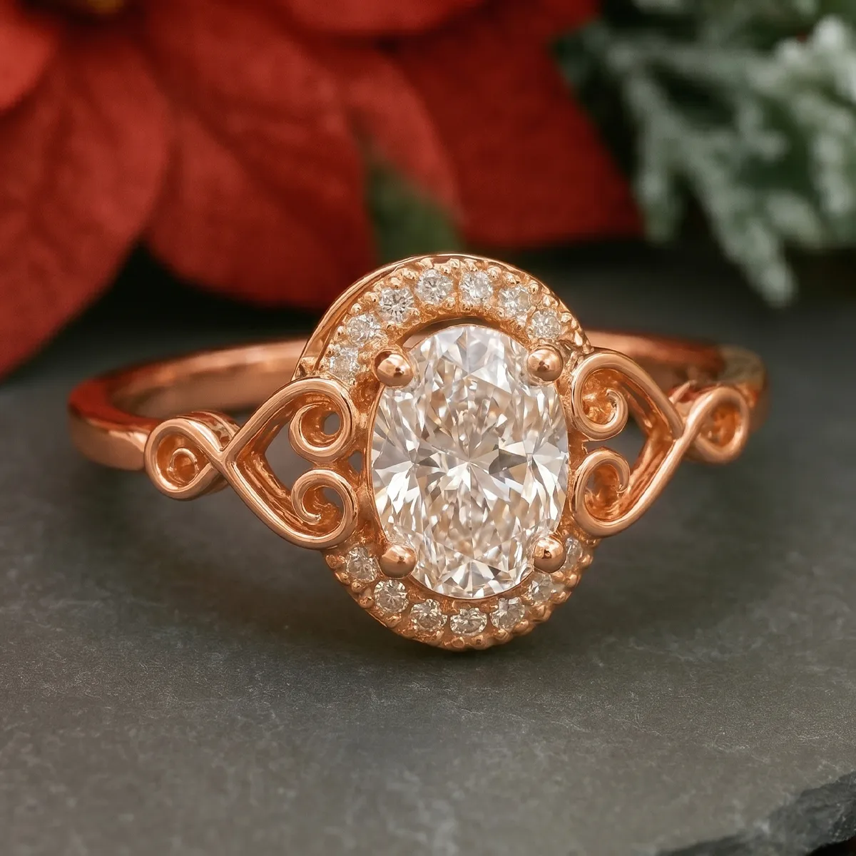 Ornate rose gold ring with oval diamond and intricate scrollwork design.