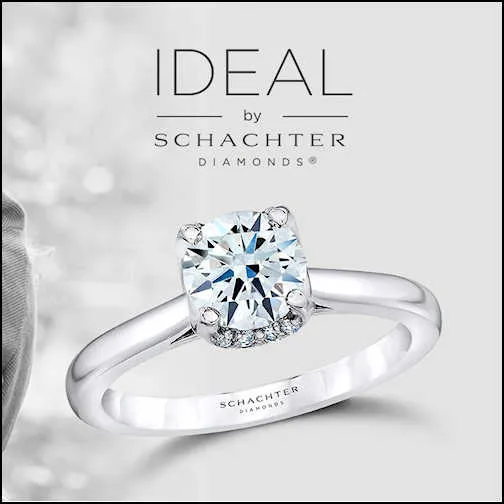 Ideal by Schachter Diamonds® Ideal by Schachter Diamonds® is a precision cut that unlocks the full potential of every diamond and consistently delivers a larger and brighter appearance. This is because of a very specific set of acceptable parameters that is more strict than any other laboratory graded ideal cut diamond.The Ideal by Schachter Diamonds Round has 58 facets, each precisely cut to maximize the light return, creating the hallmark hearts and arrows pattern in the round shape. The Ideal by Schachter Diamonds Princess is laboratory graded for optimal proportions, and cut to the highest standards to deliver stunningbrightness and scintillation. The Plumb Club CHARLOTTE, AL
