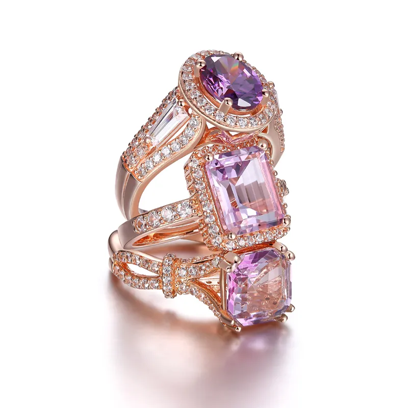 14k Rose GoldPlated Sterling Rings You'll shine in these 14k Rose gold-plated sterling silver rings. Shown in oval-cut purple Cubic Zirconia, Radiant-cut genuine pink amethyst, and Princess-cut amethyst rose topaz. The Plumb Club CHARLOTTE, AL