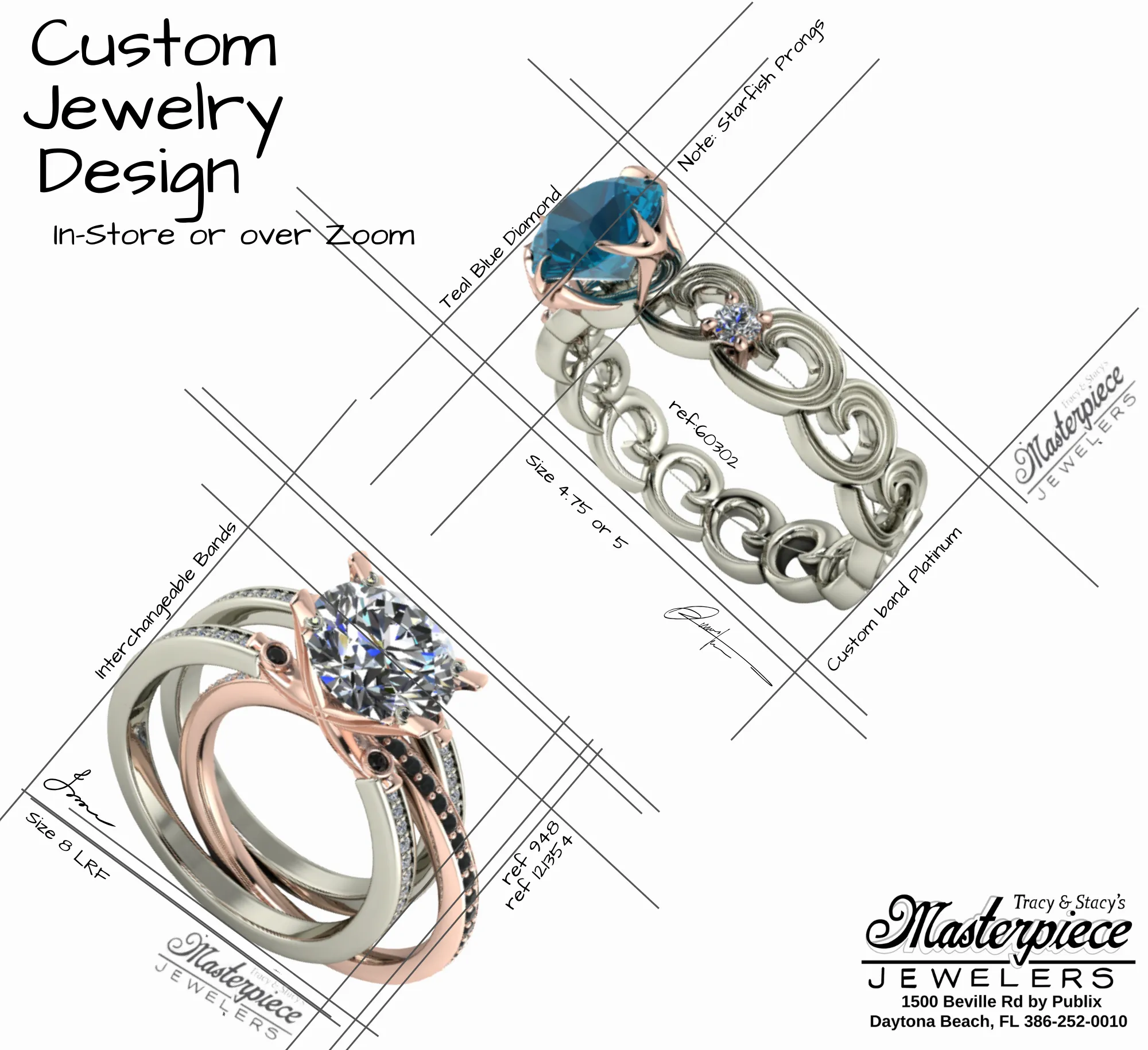 Custom jewelry design featuring a teal blue diamond and interchangeable bands. Click to explore custom jewelry options.