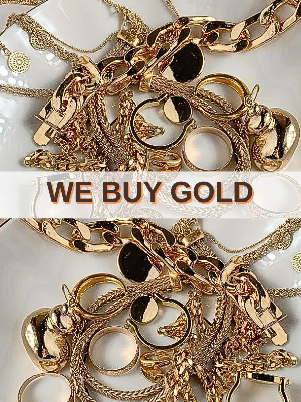 A collection of gold jewelry including chains, rings, and earrings on a white plate. Visit Masterpiece Jewelers in Daytona Beach
