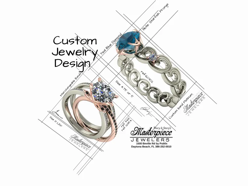 Custom jewelry design featuring a teal blue diamond and interchangeable bands. Visit Masterpiece Jewelers in Daytona Beach.