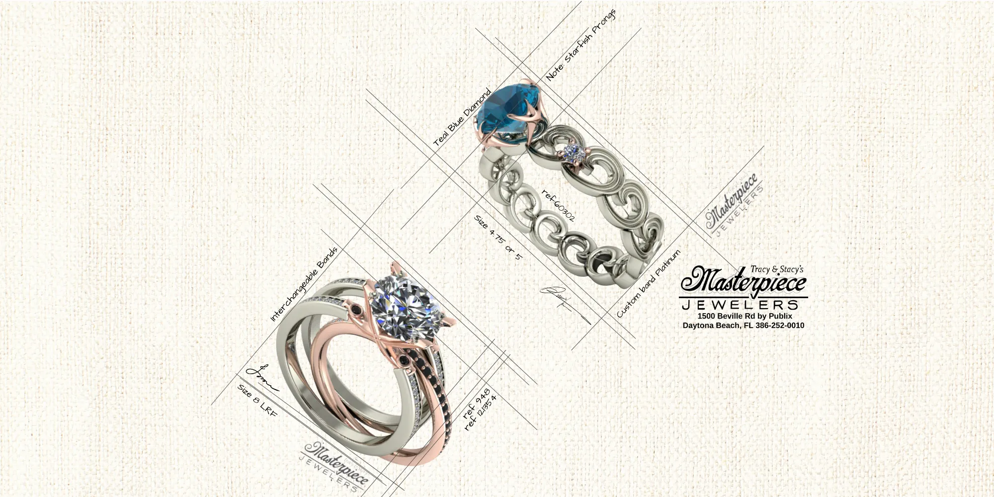 Custom jewelry design sketches featuring a diamond ring and a teal blue diamond ring for Masterpiece Jewelers in Daytona Beach.