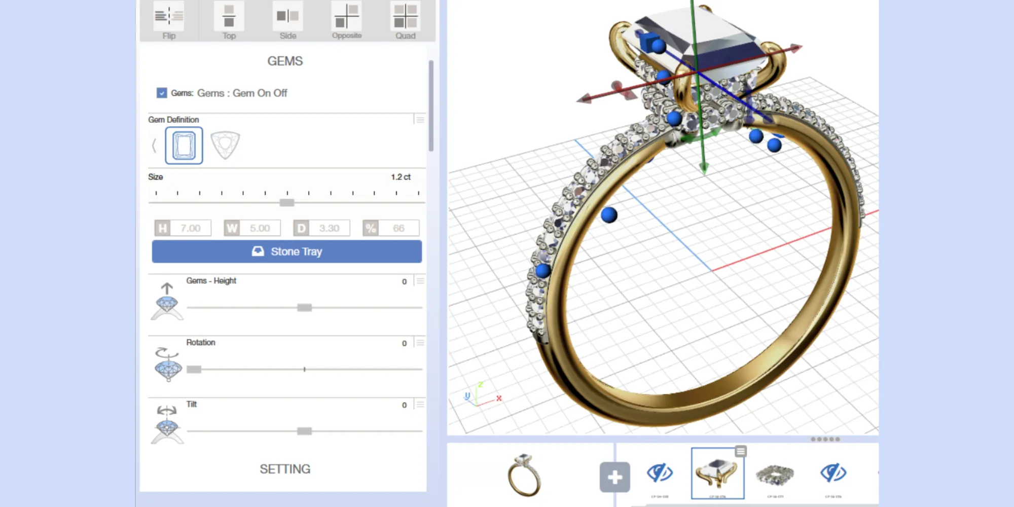 3D design interface for a diamond engagement ring with adjustable gem settings and dimensions.