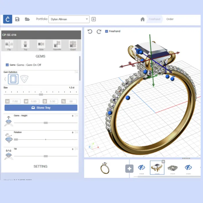 3D rendering of a gold engagement ring with clear gems, showcasing design options for customization.